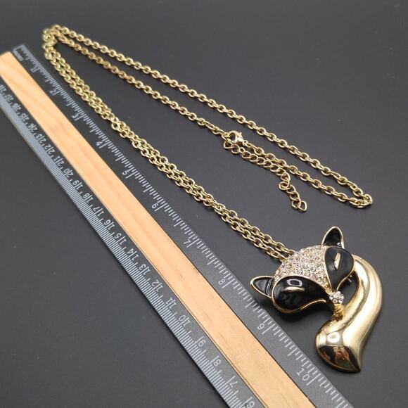 Fox Pendant Brooch Necklace, Black Enamel, Clear Rhinestones, 36" Chain - Picture 3 of 7